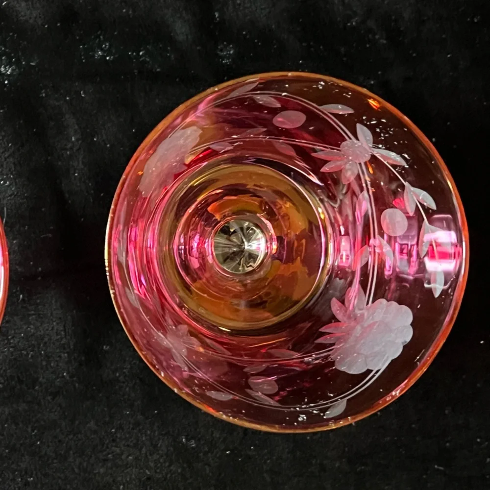 Glastonbury Lotus Cranberry champagne glasses.  Vintage 1920’s era,flashed cut‎